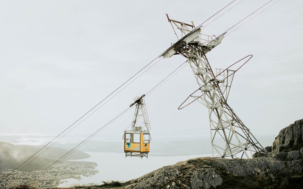 cable car going from mountain ulriken that gives an epic panoramic view of the city of bergen and its surroundings 