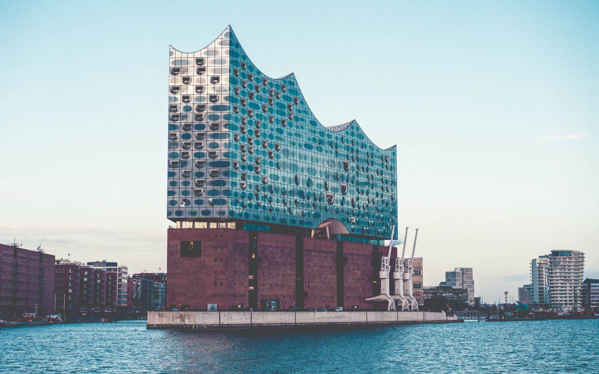 elbphilharmonie concert hall in the port of hamburg in germany, build of red bricks and modern glass