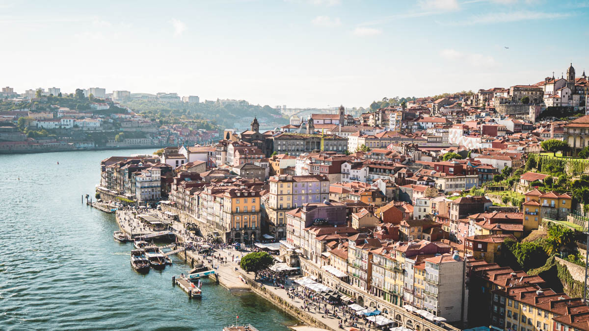 view of douro river and old town ribeira in porto portugal